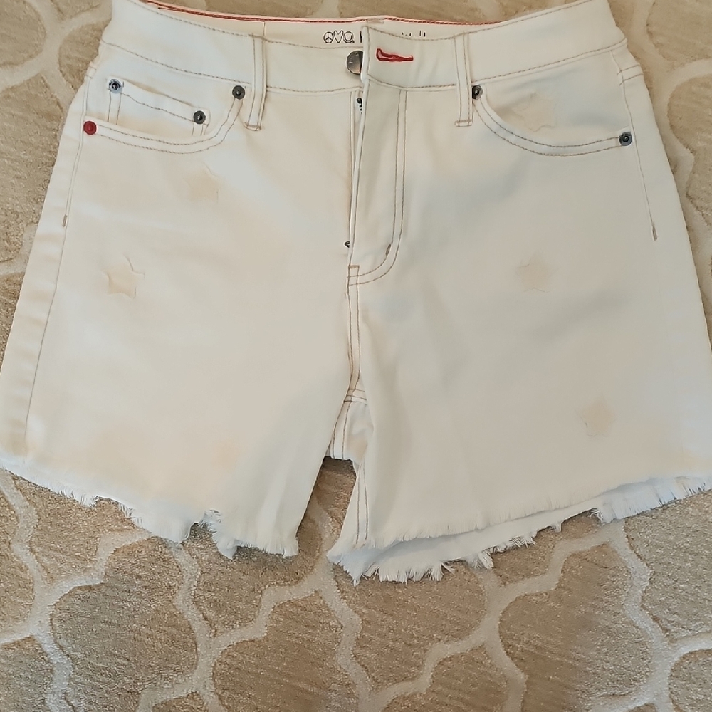 Peace Love World Cream Jean Shorts Distressed With Cream Stars, Size 2